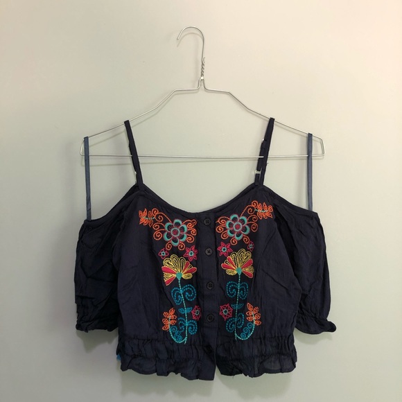Embroidered Cold Shoulder Crop Top - Picture 1 of 2